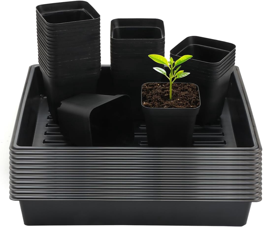 4 inch (10CM) Square Nursery Pots 60pcs, Sturdy Seedlings Trays 5 Pcs, Seeds Starter Germination Tray, Microgreening Planter Nursery Propagation 5 Sets