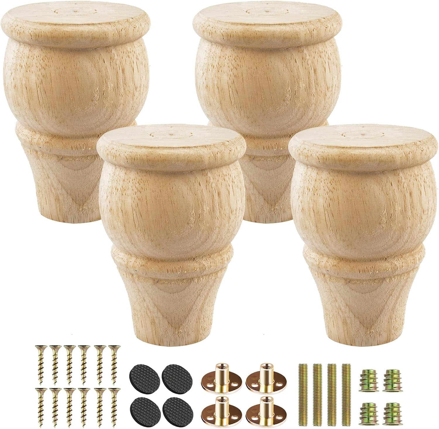 4 inch / 10cm Wooden Furniture Legs, Tchosuz Pack of 4 Unfinished Solid Wood Turned DIY