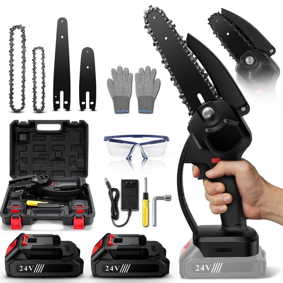 4-inch & 6-inch Mini Chainsaw Cordless Battery Powered Chainsaw with 24V Batteries Handheld Cordless Power Saw with Safety Protections for Wood Tree Cutting Branch Trimming