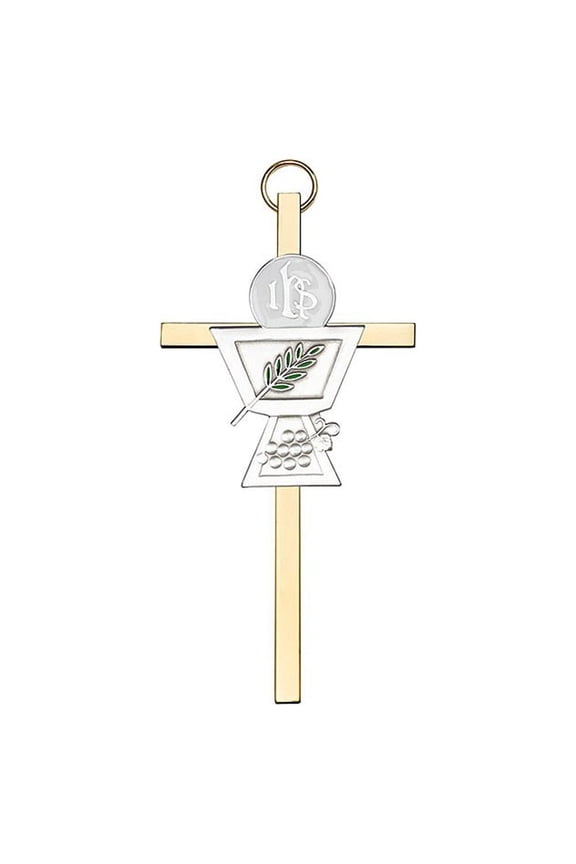 4 inch Antique Gold Communion Chalice on a Polished Brass Cross