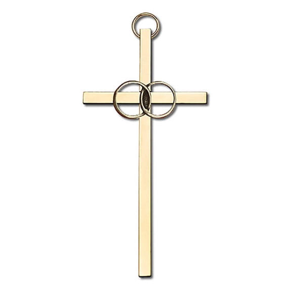 4 inch Antique Gold Wedding Rings on a Polished Brass Cross