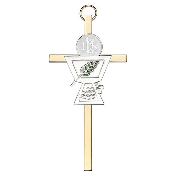 4 inch Antique Silver Communion Chalice on a Polished Brass Cross