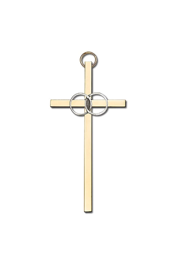 4 inch Antique Silver Wedding Rings on a Polished Brass Cross
