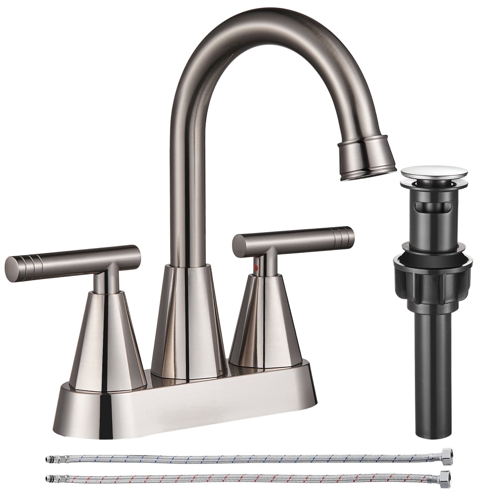 4-inch Bathroom Faucet with Pop up Drain and Two Supply Hoses, Lead-Free Stainless Steel 2-Handle Centerset Faucet for Vanity, RV Brushed Nickel