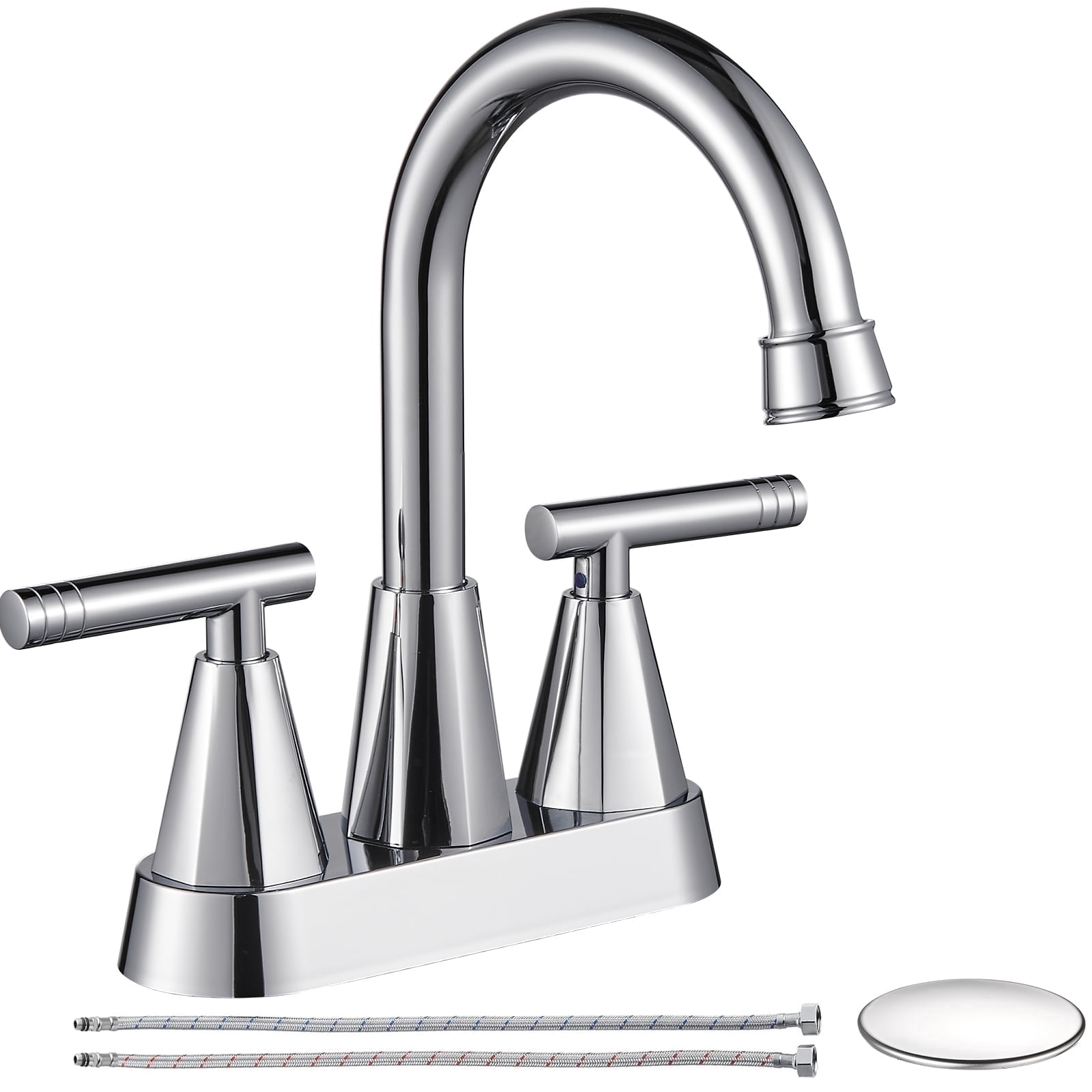 4-inch Bathroom Faucet with Pop up Drain and Two Supply Hoses, Lead-Free Stainless Steel 2-Handle Centerset Faucet for Vanity, RV Chrome
