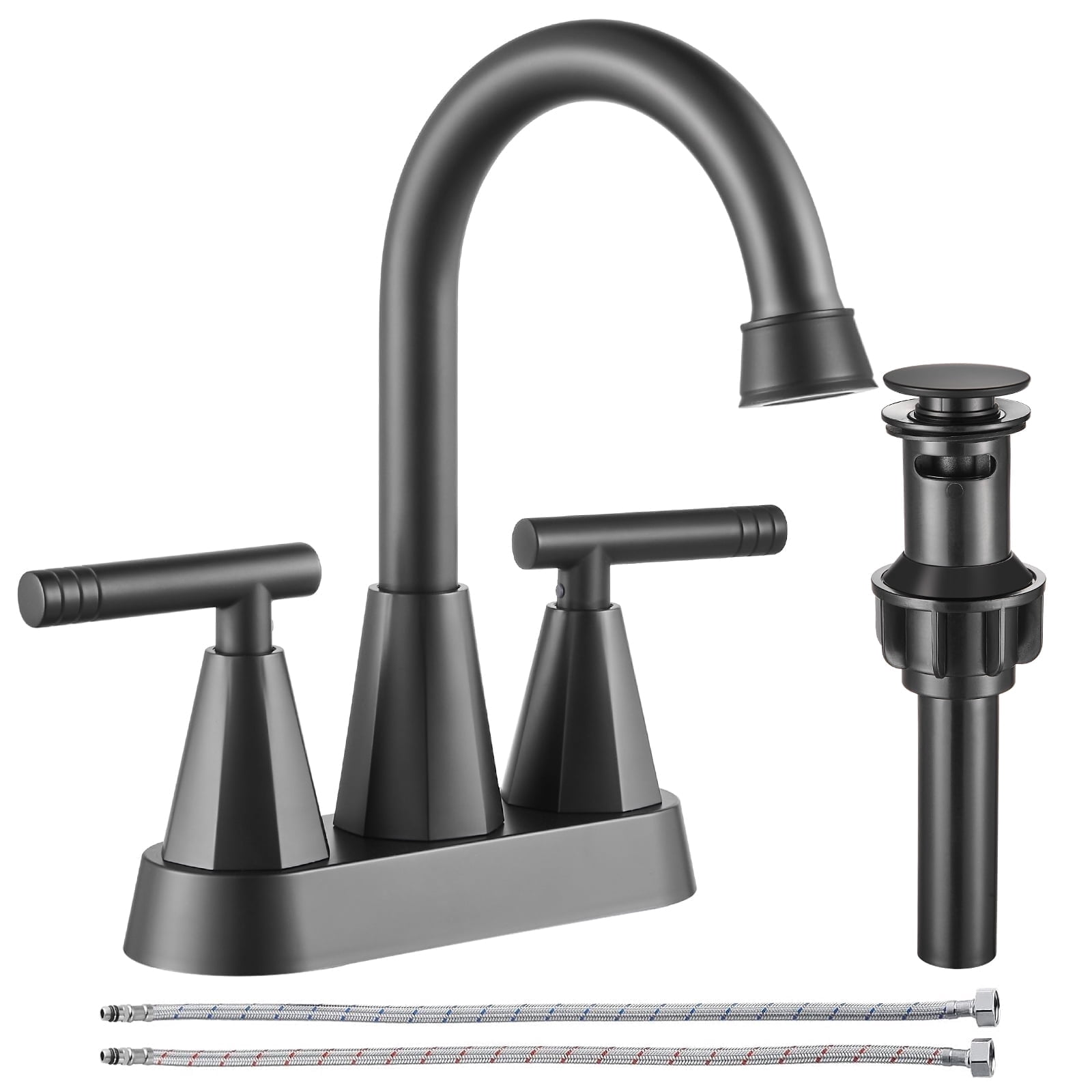 4-inch Bathroom Faucet with Pop up Drain and Two Supply Hoses, Lead-Free Stainless Steel 2-Handle Centerset Faucet for Vanity, RV Matte Black