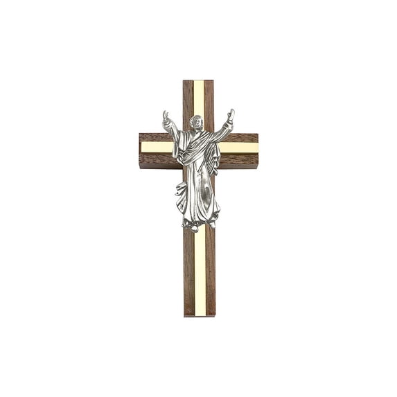 4 inch Contemporary Risen Christ Cross, Walnut w/ Antique Silver inlay