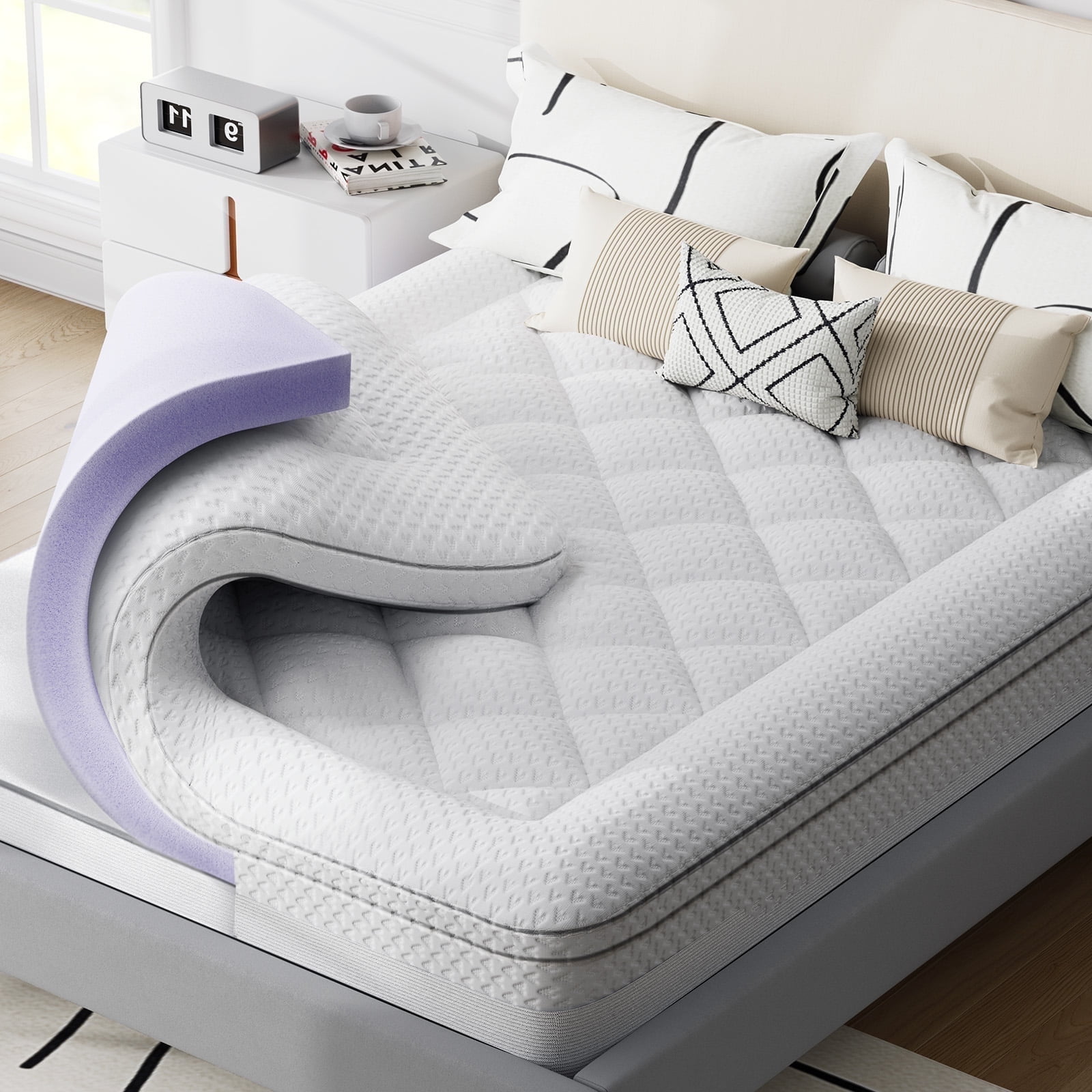 Queen Size White Gel Memory Foam Mattress Topper with Pillow Top