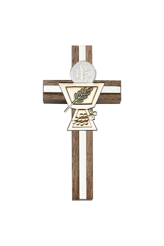 4 inch Enameled Communion Chalice Cross, Walnut w/ Antique Gold inlay