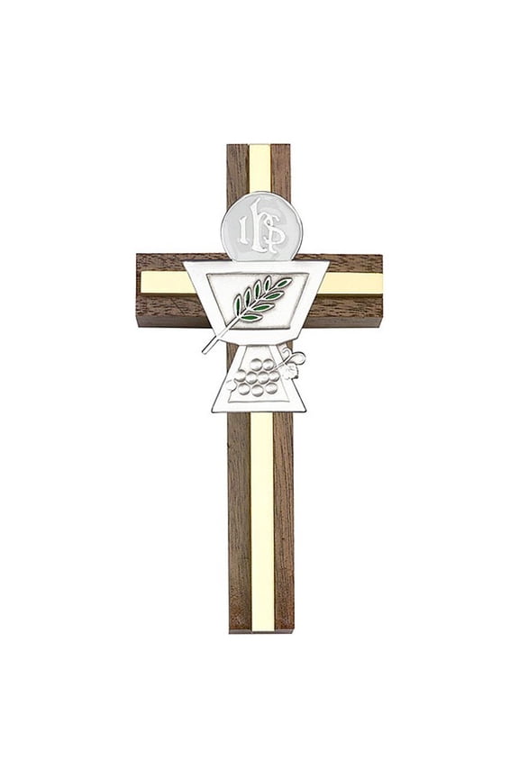 4 inch Enameled Communion Chalice Cross, Walnut w/ Antique Silver inlay