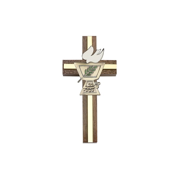 4 inch Enameled Confirmation Chalice Cross, Walnut w/ Antique Gold inlay