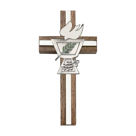 4 inch Enameled Confirmation Chalice Cross, Walnut w/ Antique Silver inlay