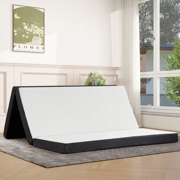 4 inch Foldable Memory Foam Mattress Queen Size, CertiPUR-US Certified - Tri-Fold Design with Removable Cover