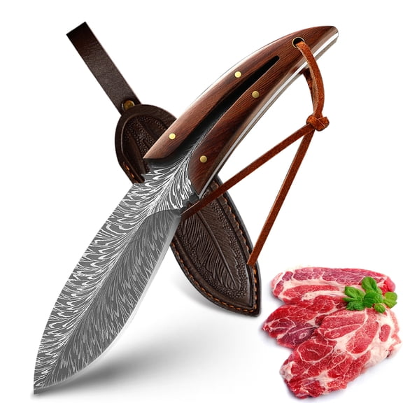 4-inch Forged Meat Cutting Knife Unique Feather Shape Knife with Sheath Fillet Fishing Knife Butcher Knife Cooking Cutter