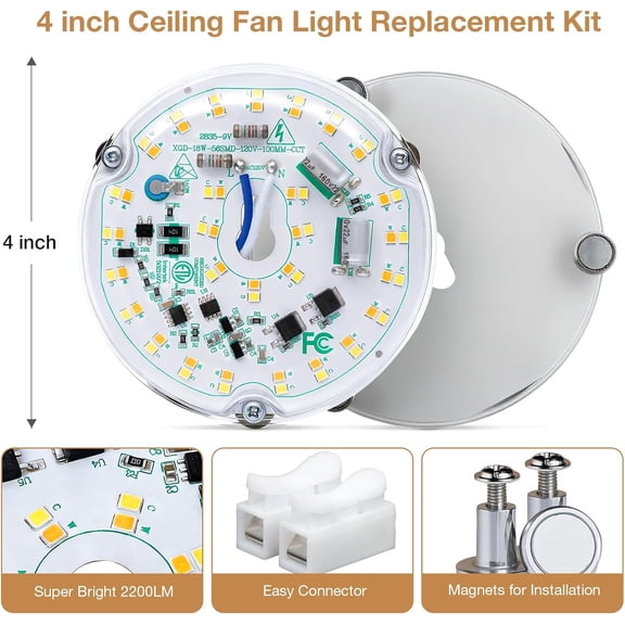 4 inch LED Retrofit Light Kit for Ceiling Fan Light Replacement Panel PCB 18W Color Temperature Adjustable 3000K 4500K 6000K 2200LM 120V CRI90 Dimmable
