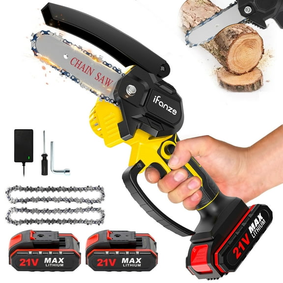4 inch Mini Chainsaw with 2 Battery, Portable Cordless Lightweight Handled Chain Saws for Wood Cutting Tree Trimming - Black