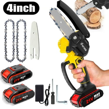 4 inch Mini Chainsaw with 2 Battery, Portable Cordless Lightweight Handled Chain Saws, Logging Saw for Wood Cutting Tree Trimming - Black