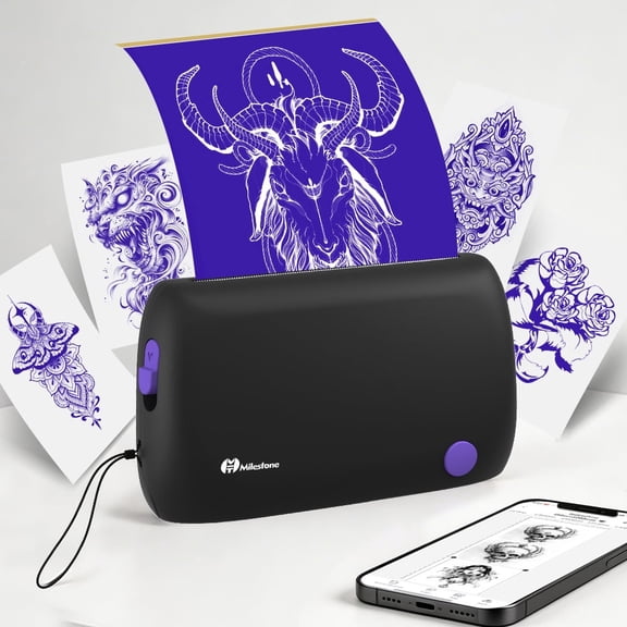 4-inch Mini Thermal Printer, Portable Thermal Tattoo Transfer Machine, Bluetooth Connection, Compact and Portable, Suitable for Travel,Parties, and Beginners, Comes with 5 Tattoo Transfer Papers