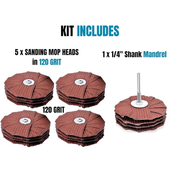 4-inch  Mop Kit, Moulding Flap Wheel Sander for Drill, 120 Grit Mop Sanders Brush, 1/4" Shank, Abrasive Flapper Sander for Woodworking, Contours, Finishing, Pack of 5