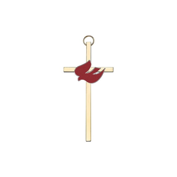 4 inch Polished Silver Finish Red Enamel Holy Spirit on a Polished Brass Cross