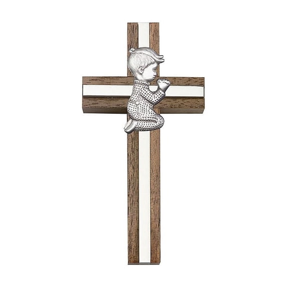 4 inch Praying Boy Cross, Walnut w/ Antique Silver inlay