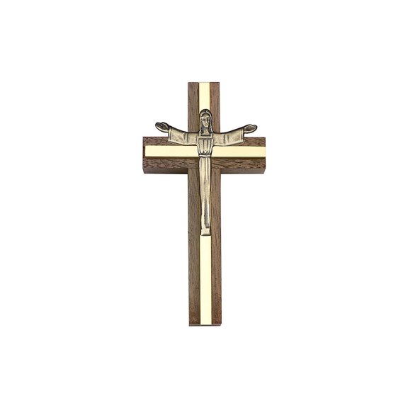 4 inch Risen Christ Cross, Walnut w/ Antique Gold inlay