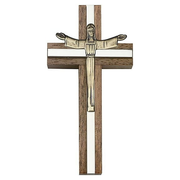4 inch Risen Christ Cross, Walnut w/ Antique Gold inlay