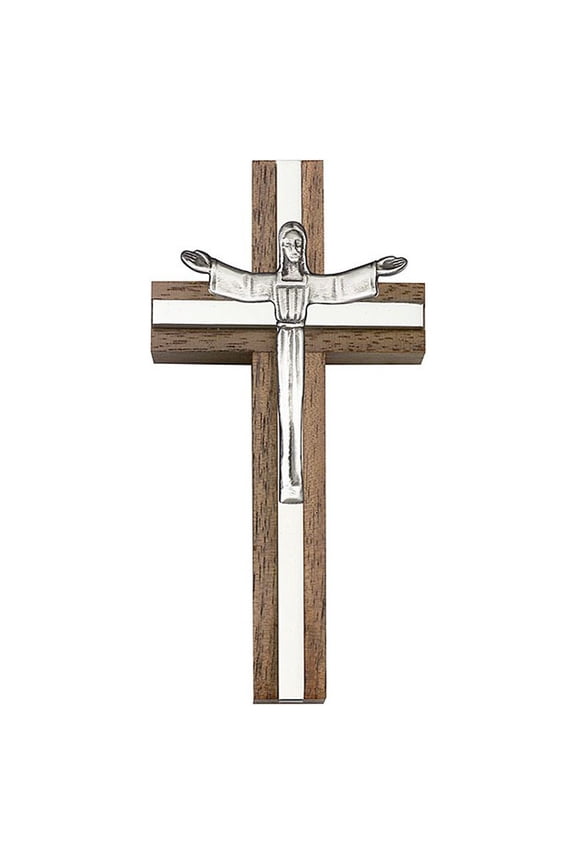 4 inch Risen Christ Cross, Walnut w/ Antique Silver inlay