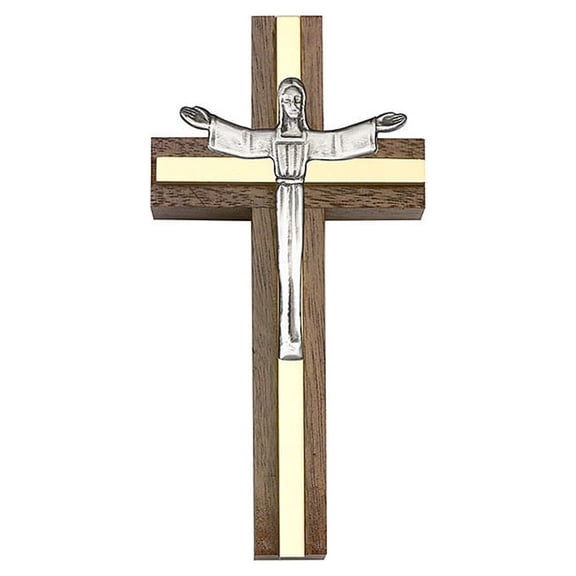 4 inch Risen Christ Cross, Walnut w/ Antique Silver inlay
