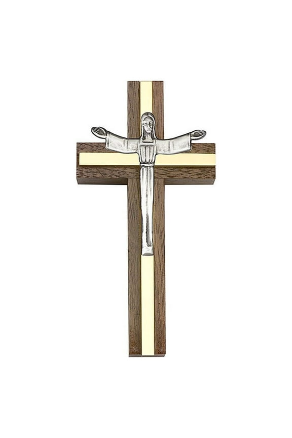 4 inch Risen Christ Cross, Walnut w/ Antique Silver inlay