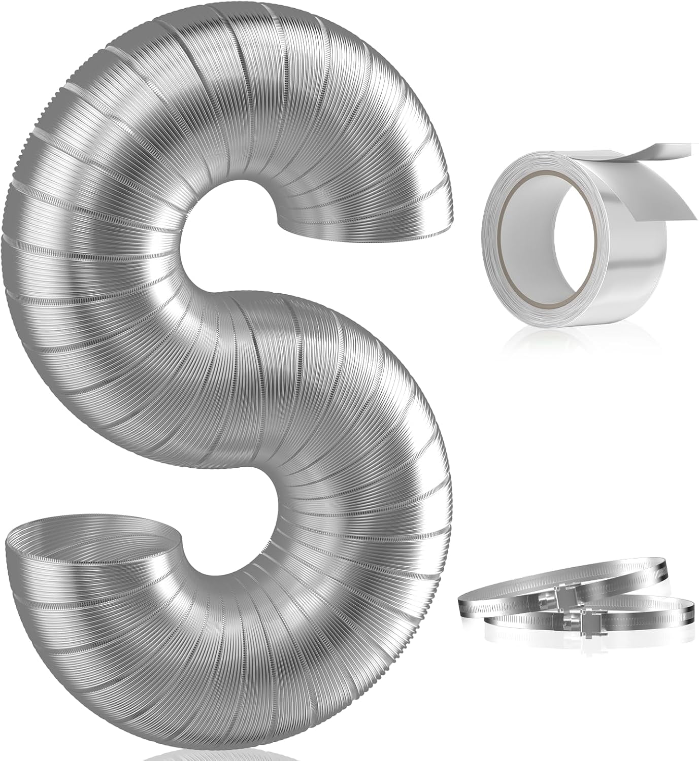 4-inch Semi Rigid Dryer Vent Hose, 8 Feet Flexible Aluminum Duct with 2 Clamps, and Aluminum Foil Tape