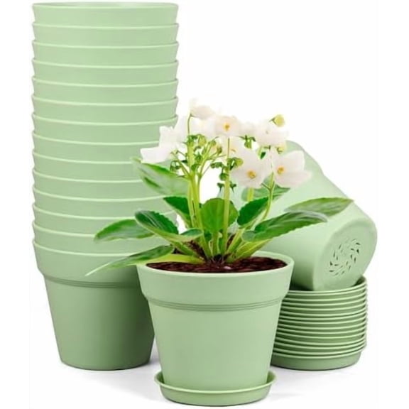4 inch Small Plastic Nursery Pots, 16 Pack Plant Pots for Indoor Outdoor Plants, Flower Pots with Drainage Holes and Saucers, Decorative Seedling Starter Planters for House Plants, Green