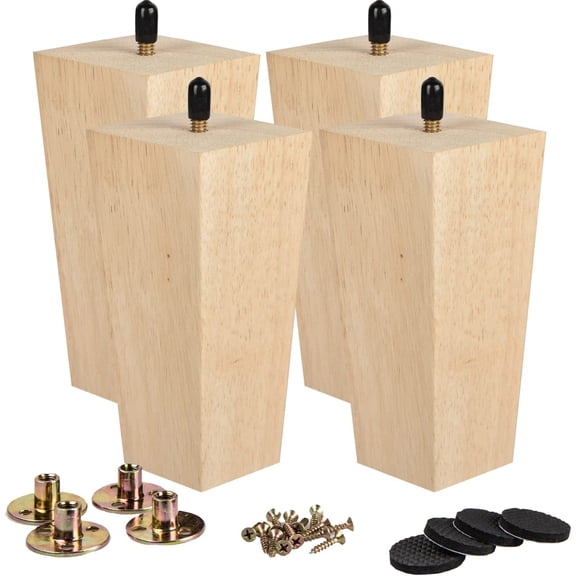 4 inch Solid Wood Furniture Legs Set of Square Pyramid Unfinished Replacement Feet for Couch, Sofa, DIY Repair & Restoration with Pre-Drilled 5/16'' Bolt Hardware, Mid-Century Modern