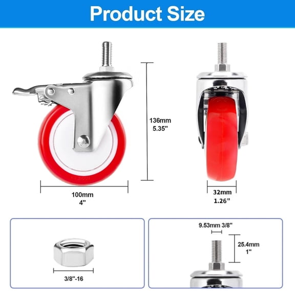 4 inch Stainless Steel Caster Wheels Heavy Duty, 3/8"-16x1 Threaded Stem Casters Set of 4, Rust Resistant, Non-Marking Polyurethane PU Wheels for Hospital, Lab, Furniture, Restaurant