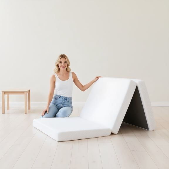 4 inch Tri Folding Memory Foam Mattress,Portable Foldable Floor Bed with Washable Cover ,Twin Size ,White
