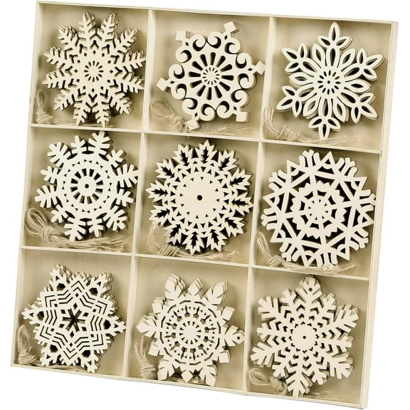 4 inch Unfinished Wooden Snowflakes Ornaments, 36Pcs Christmas Tree Hanging Decoration Wood Cutouts DIY Craft Snowflake Shaped Embellishments Xmas Rustic Crafts with Twine
