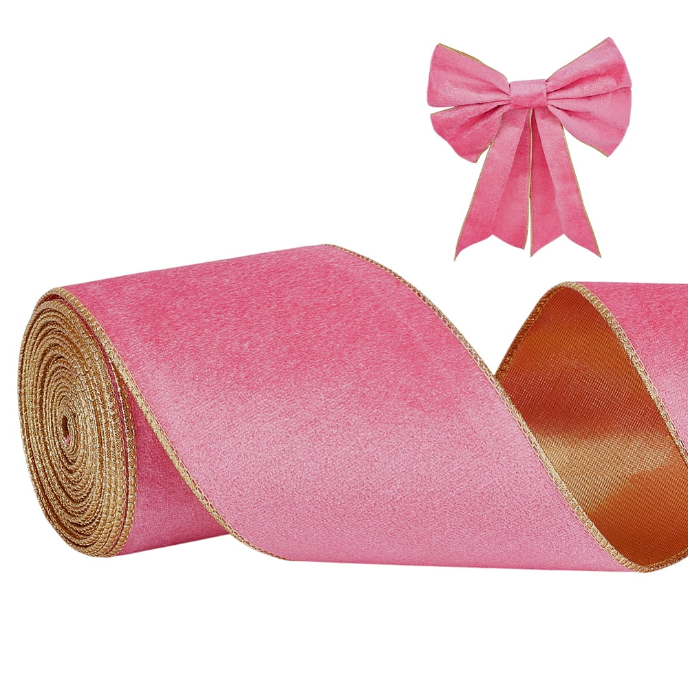 4 inch Wide Velvet Ribbon 10 Yards Pink & Golden Velvet Wired Ribbon ...