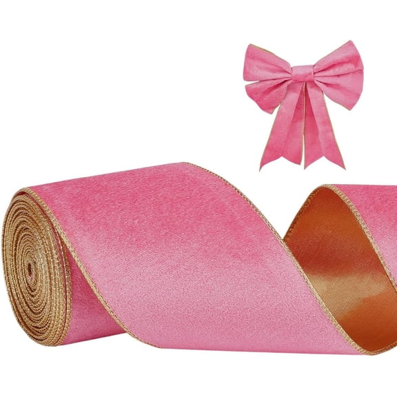 4 inch Wide Velvet Ribbon 10 Yards Pink & Golden Velvet Wired Ribbon Double Sided Vintage Ribbons with Gold Edge