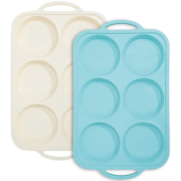 4-inch oversized silicone egg mold with metal frame for baking breakfast sandwiches, English muffins, mini custard and burger blanks-for household oven (beige and mint green)