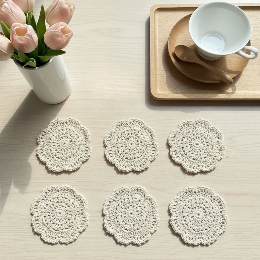 4 inch round multi-piece hand-woven coaster, vintage crochet lace heat ...
