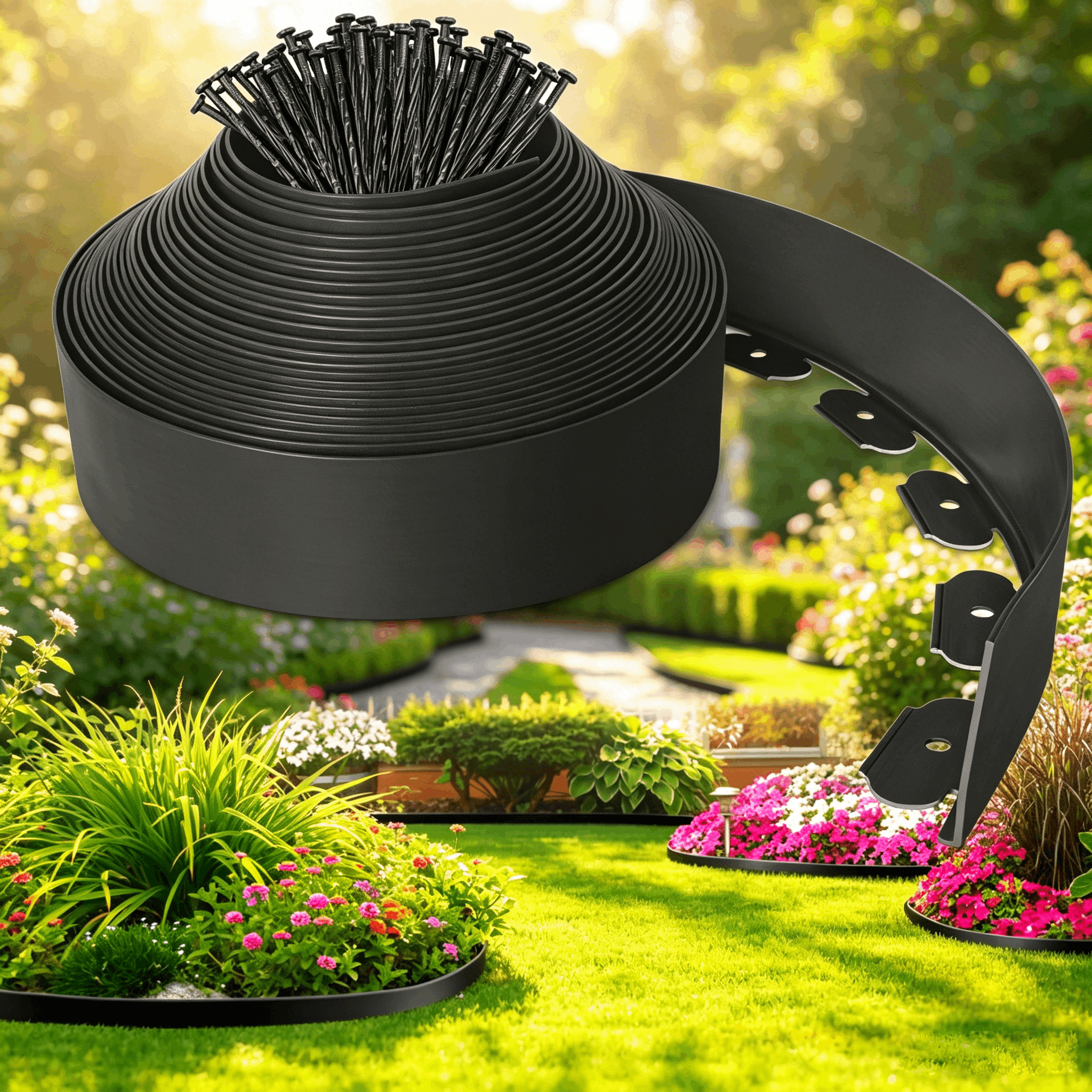 4-inch x 33 ft Landscape Edging Border with 50 Spikes, No Dig Garden Lawn Border Kit, Plastic Mulch Border Flexible for Garden Flower Beds (Black)