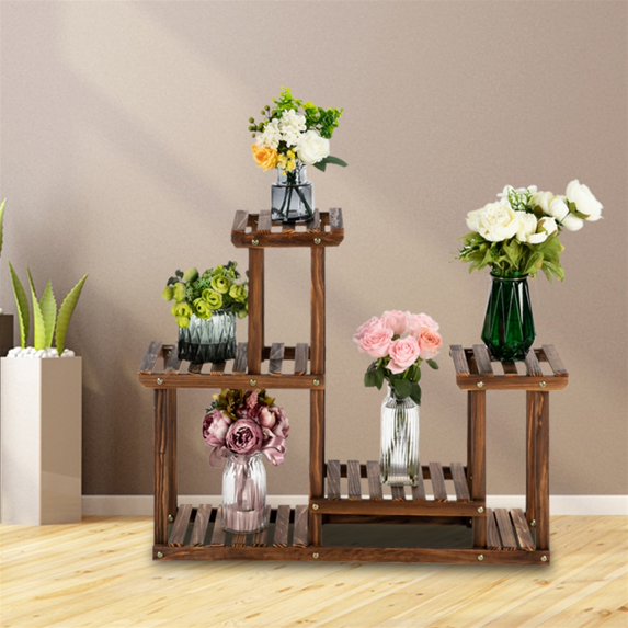 4-layer, 7-seat indoor and outdoor multifunctional carbonized wood plant stand, with a stable structure, thoughtful design details, and good drainage and ventilation