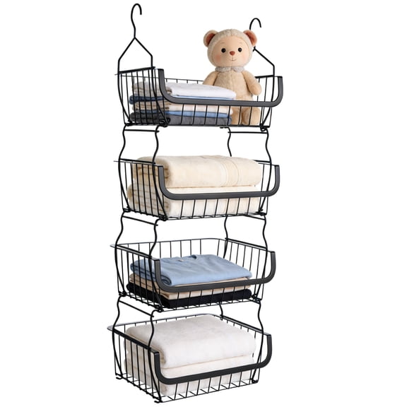 4 Tier Hanging Closet Organizer, 36.2 x 15 x 11 in Carbon Metal Hanging Storage Basket, Rustproof Heavy Duty Closet Wire Storage Shelf for Closet, Laundry, Dorm