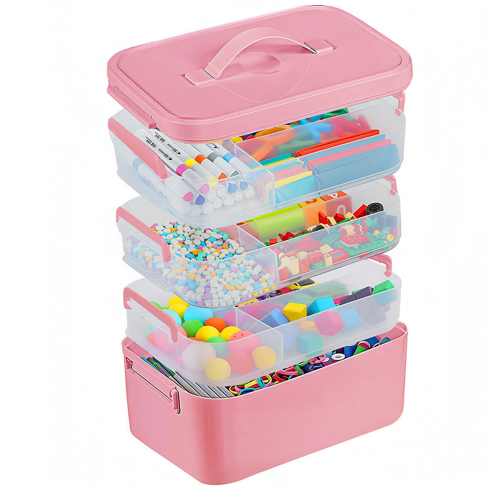 4-layer Plastic Craft Organizers And Storage Box With Removable Trays  Containers Lids Handle Art Supply Organizer For Organizing Bead Sewing Tool(pink)