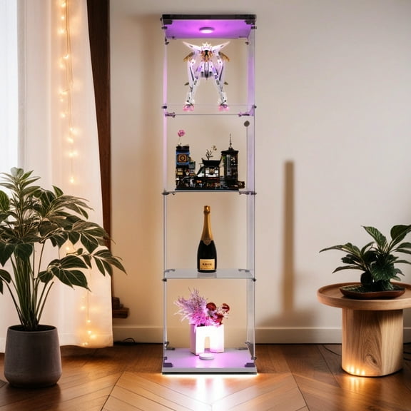 4-layered White Glass Cabinet With Door - Safe For Ornament Showpieces Lighted 4 Shelf Display Case, Secure Valuables