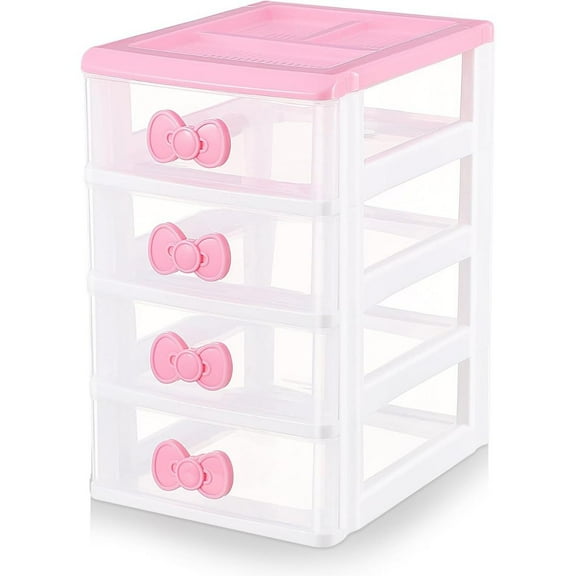 4 layers Small Sleek Multi-Layer Transparent Plastic Organizer Box - pink bow handle, Pull-Out Drawers Desktop Storage Solution for Cosmetics & Miscellanea, Ideal Bathroom Use