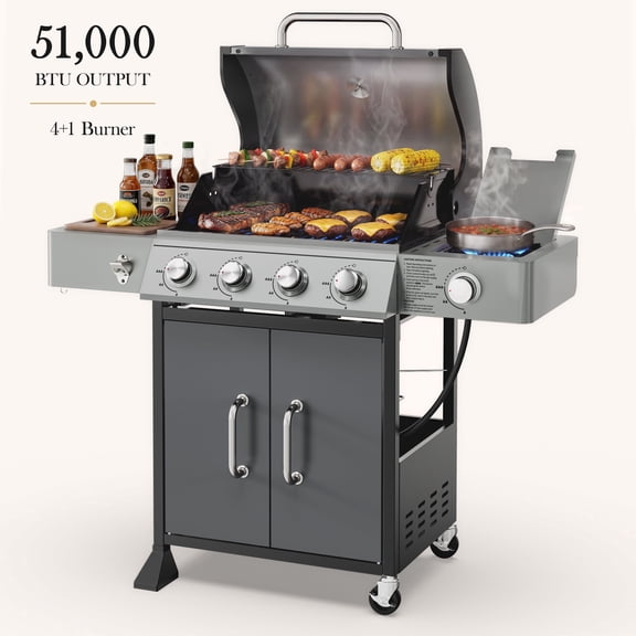 Seizeen Gas Grill with Side Burner, 51,000 BTU Outdoor BBQ Grill w/Porcelain-Enameled Cast Iron Grates, 4-Burner Portable Propane Grill on Wheelsfor Patio Backyard