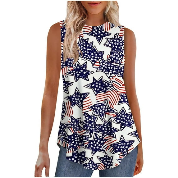 4 of July Shirts for Women Sleeveless American Flag Print Tank Tops Independence Day Loose Tunic Clothes