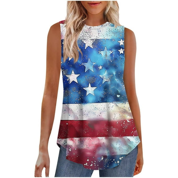 4 of July Shirts for Women Sleeveless American Flag Print Tank Tops Independence Day Loose Tunic Clothes