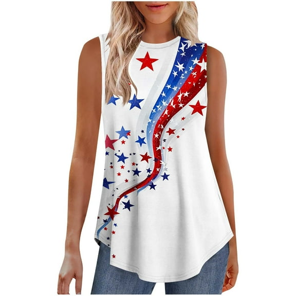 4 of July Shirts for Women Sleeveless American Flag Print Tank Tops Independence Day Loose Tunic Clothes